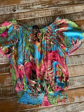 RACHEL Rachel Roy Tropical Off-Shoulder Blouse in Blue Pink Green
